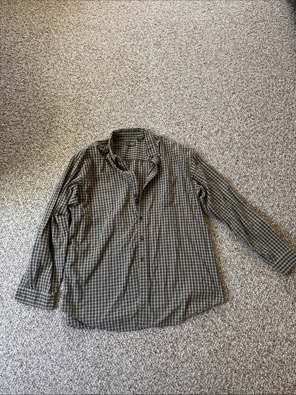 L.L. Bean Olive & Cream Plaid Men's Button-Up